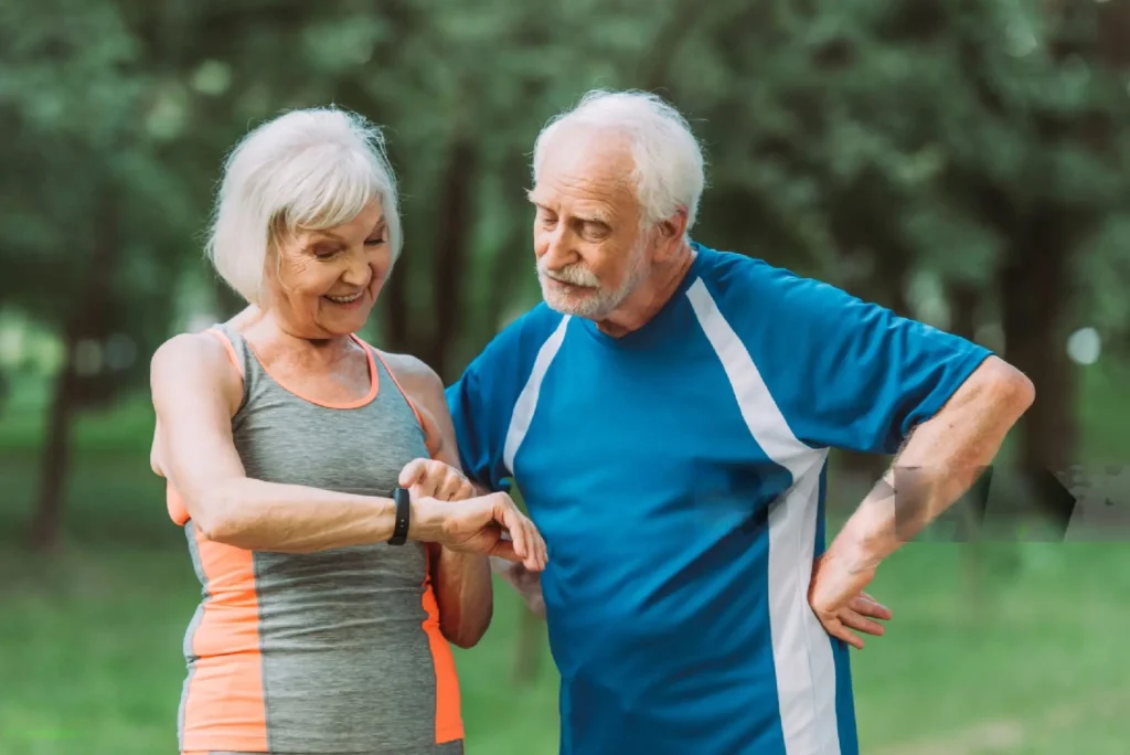 Senior with fitness tracker enjoying outdoor activity
