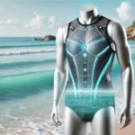 Futuristic smart swim suit displayed on a mannequin near a beach