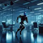 A 3D-rendered digital illustration featuring a stealthy robot navigating through a high-tech office