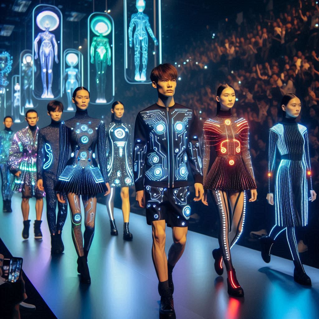 Models showcasing futuristic outfits made of electronic textiles on a fashion runway with glowing smart fabrics