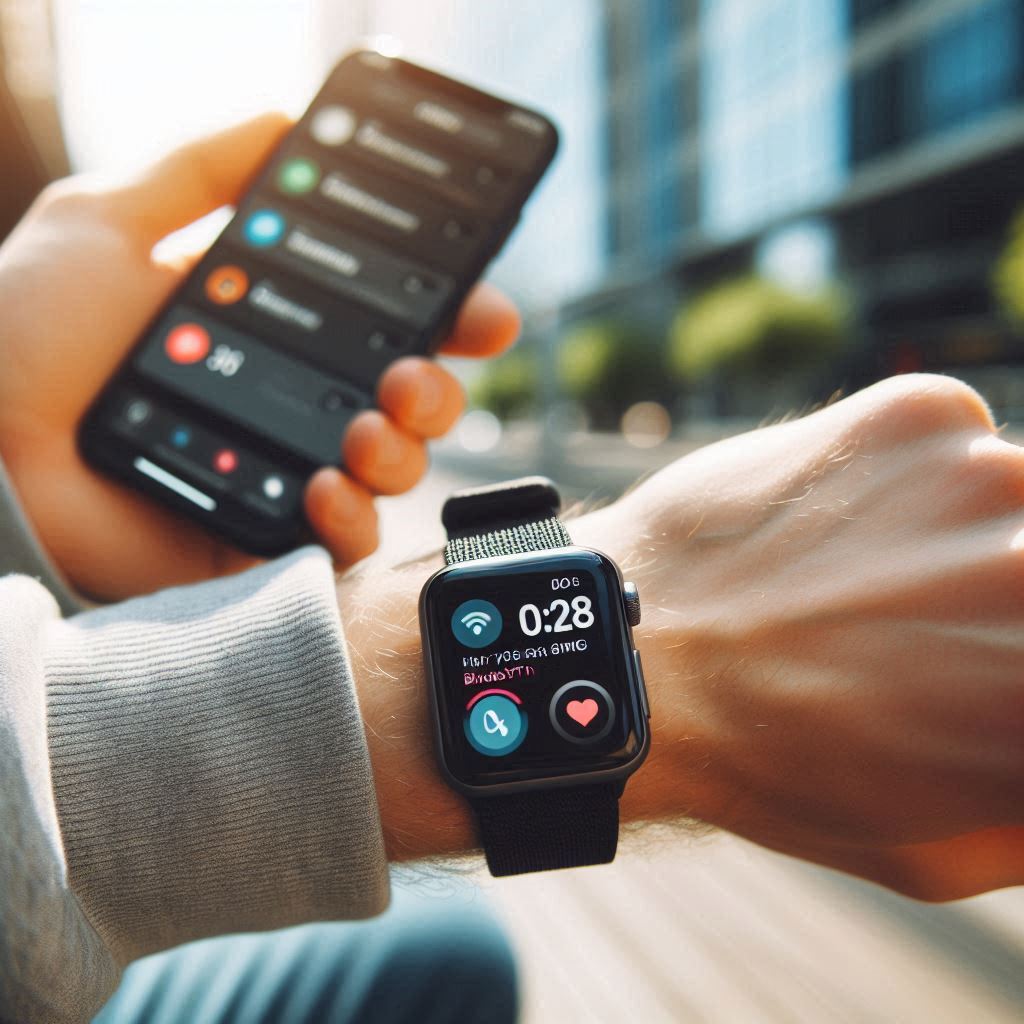 Smartwatch on wrist connected to iPhone showing health stats like heart rate and step count