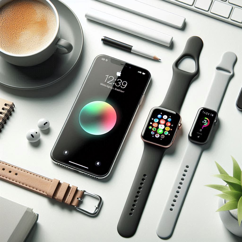 iPhone placed next to multiple smart watches on a desk, including Apple Watch and Android-compatible models