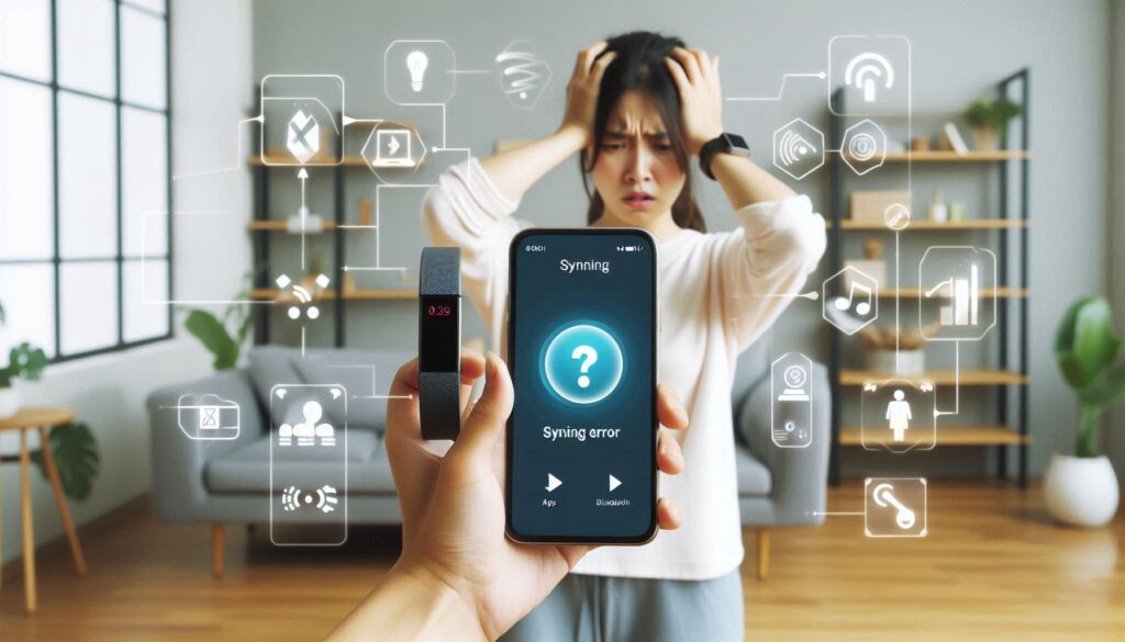 A frustrated person holding a smartphone in one hand and a Fitbit device in the other, with visible