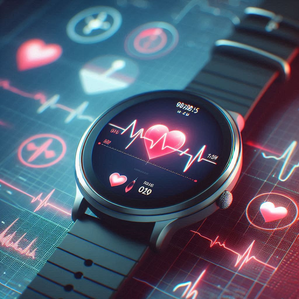 Smartwatch displaying a heart rate graph and ECG signal on the screen