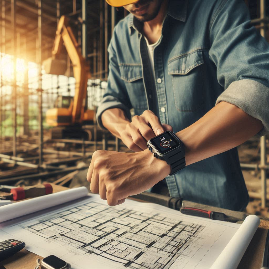 construction worker wearing a durable smartwatch while checking blueprints at a building site