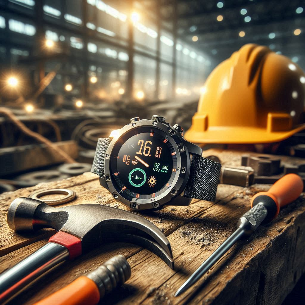 rugged smartwatch placed on a dusty wooden plank with construction tools