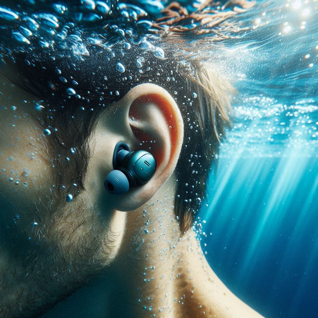 Close-up underwater shot of wireless waterproof earbuds