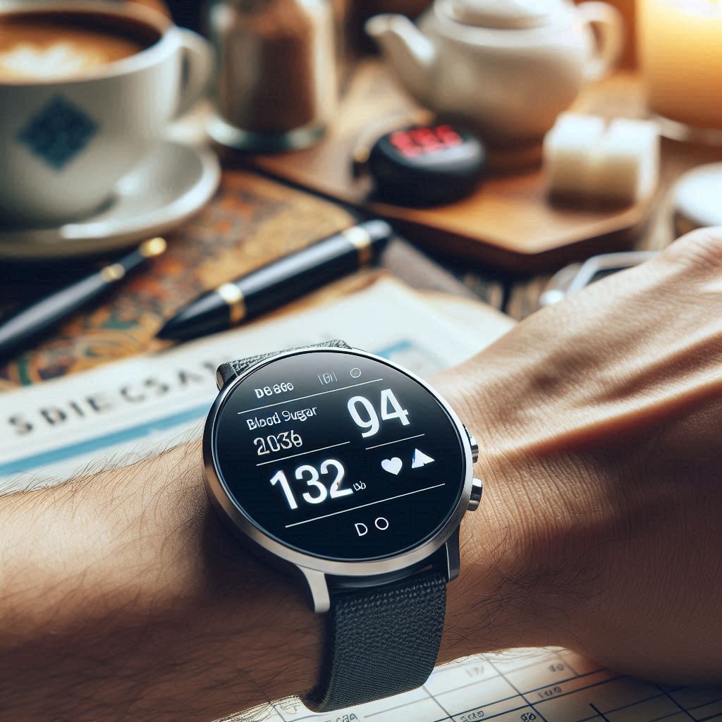 smartwatch on a wrist showing real-time blood sugar and blood pressure data