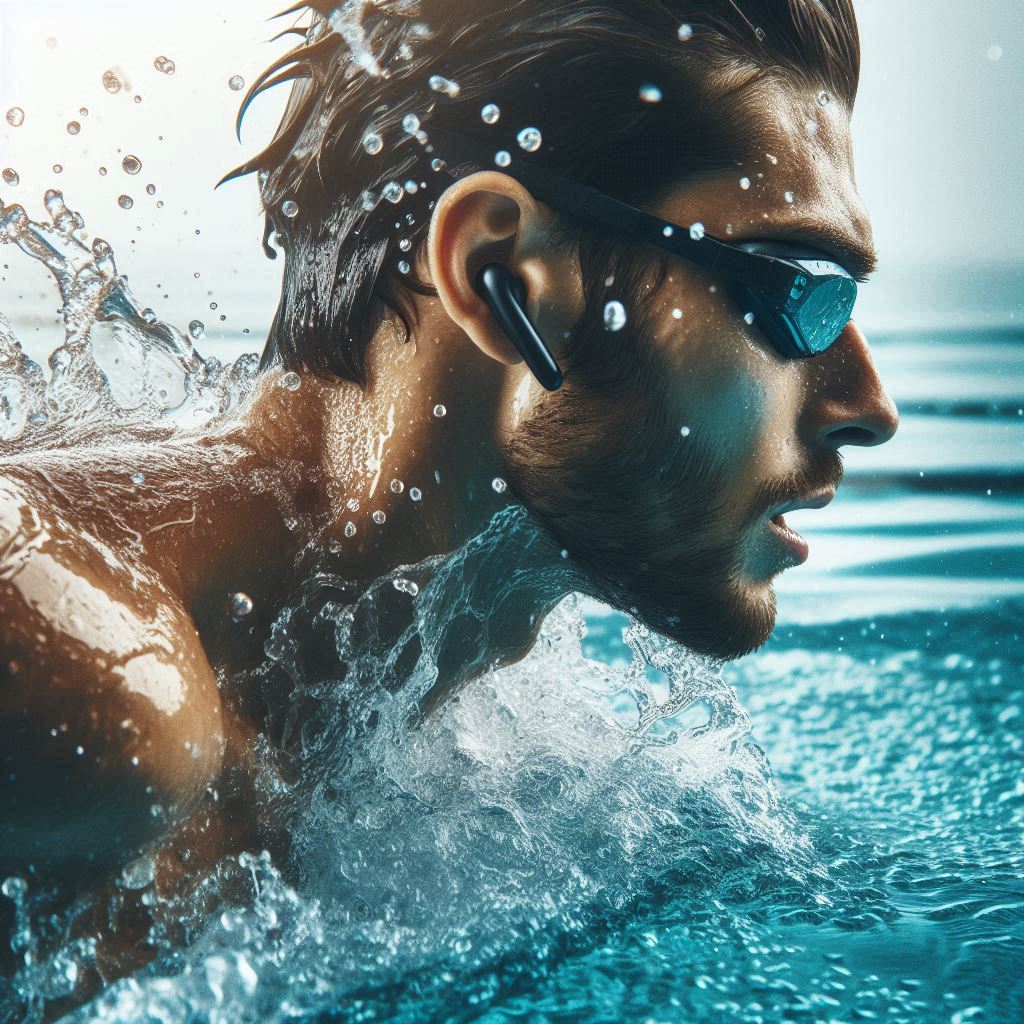 Wearing waterproof Bluetooth earbuds and swim goggles