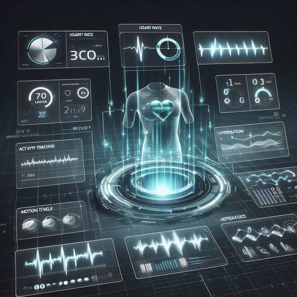 A futuristic digital dashboard showing real-time biometric data captured from smart clothing