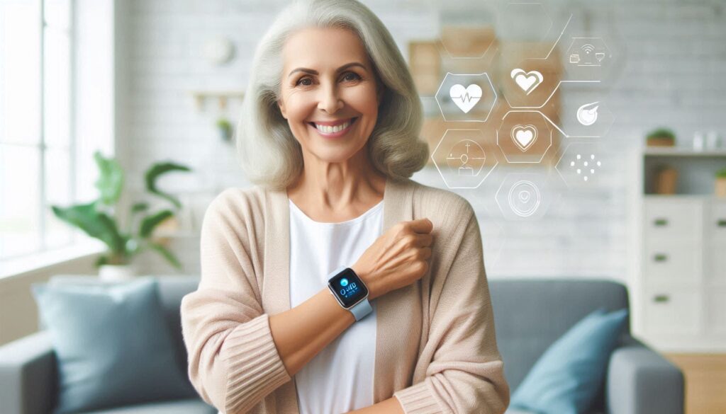 Cheerful senior woman wearing a sleek, modern wearable health device on her wrist, smiling