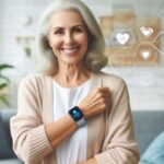 Cheerful senior woman wearing a sleek, modern wearable health device on her wrist, smiling