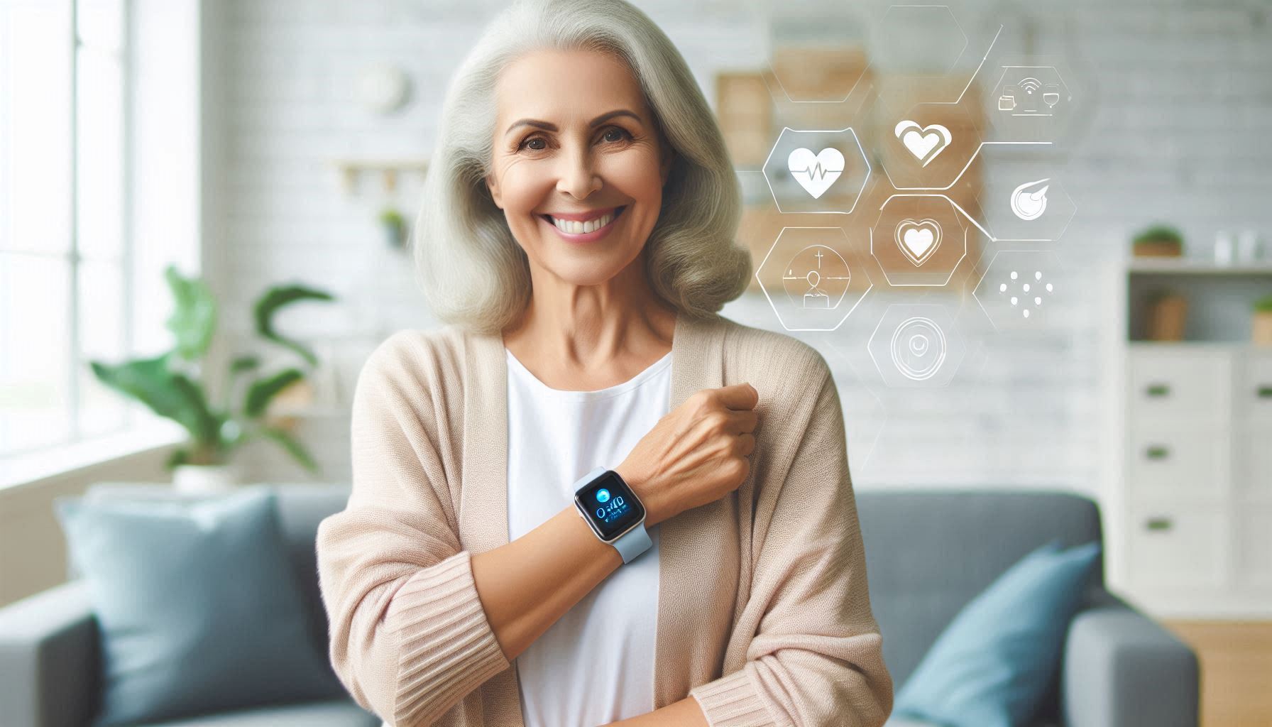 Cheerful senior woman wearing a sleek, modern wearable health device on her wrist, smiling