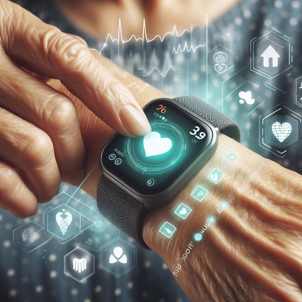 Close-up of a modern wearable safety device on a senior woman's wrist