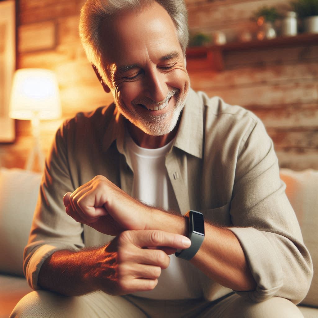 Smiling elderly man using a stylish wearable health tracker