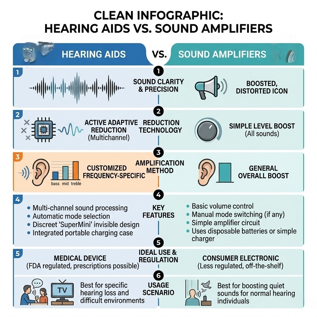 Educational infographic comparing hearing aids vs sound amplifiers