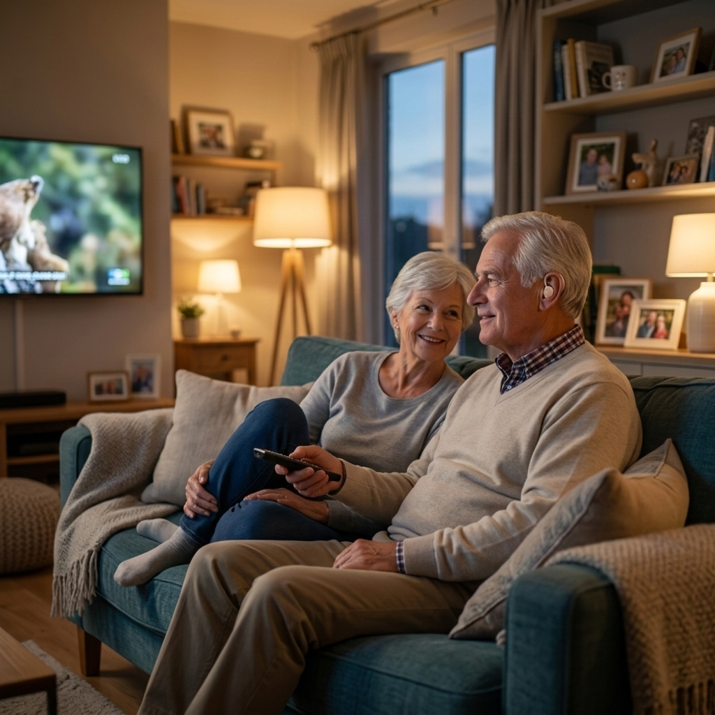 Senior couple sitting on a comfortable sofa watching television