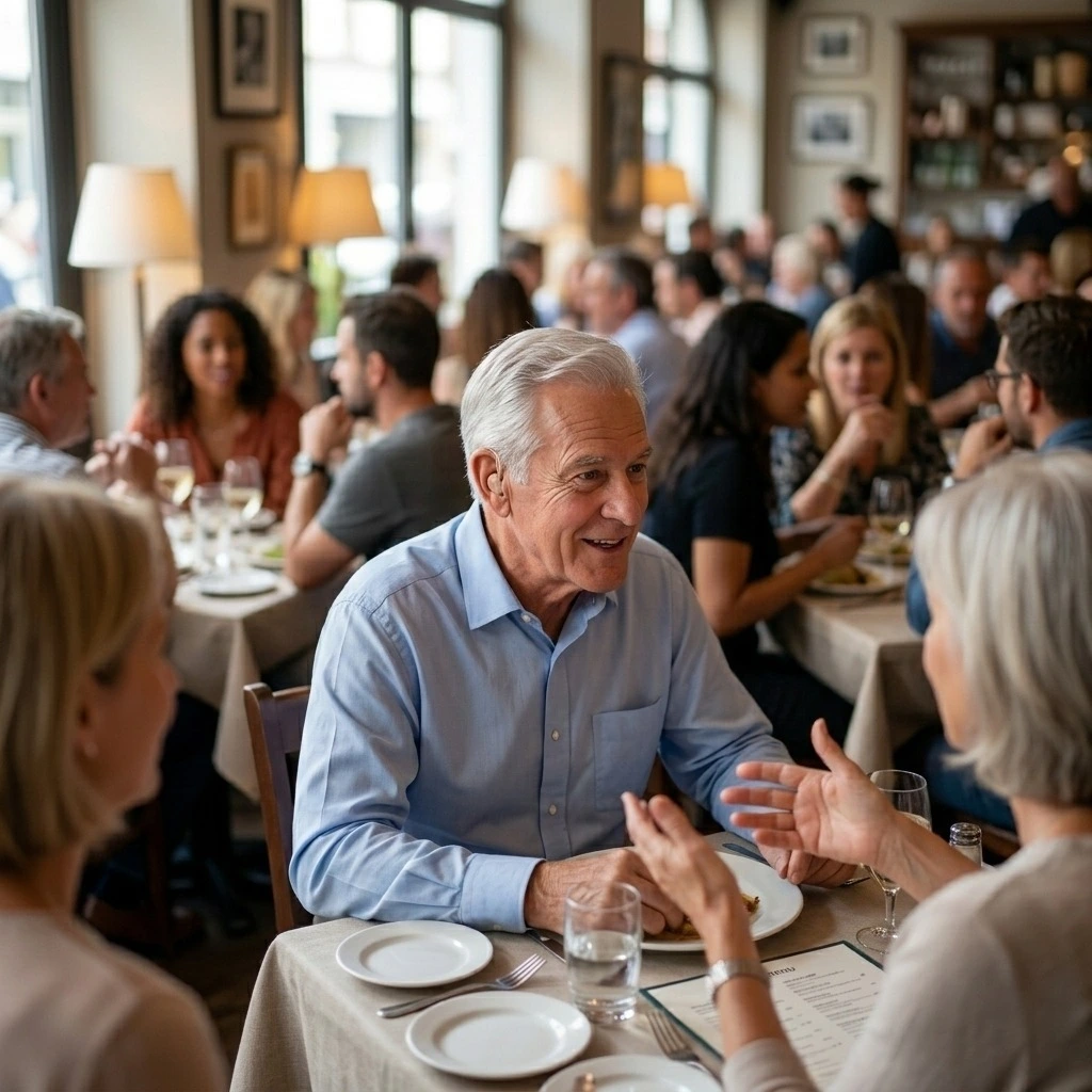 Senior man wearing a small hearing aid while having a conversation