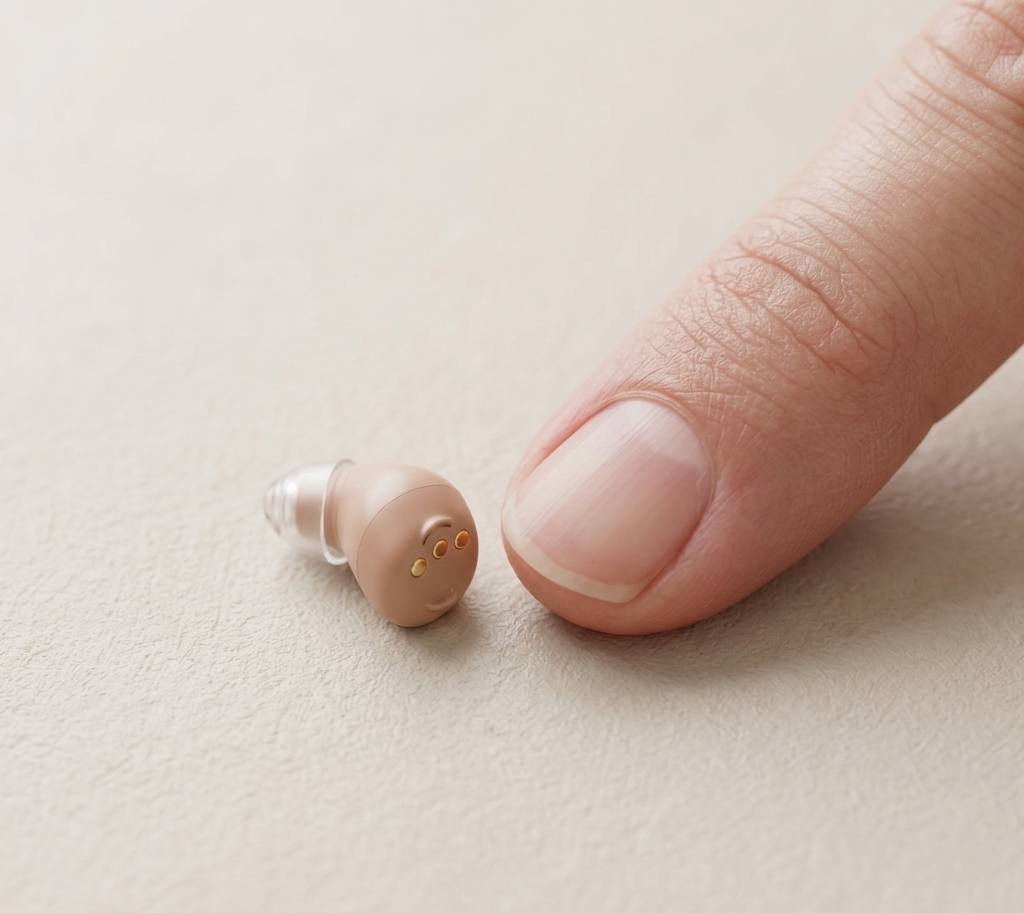 tiny invisible hearing aid placed next to a human fingertip showing how small it is