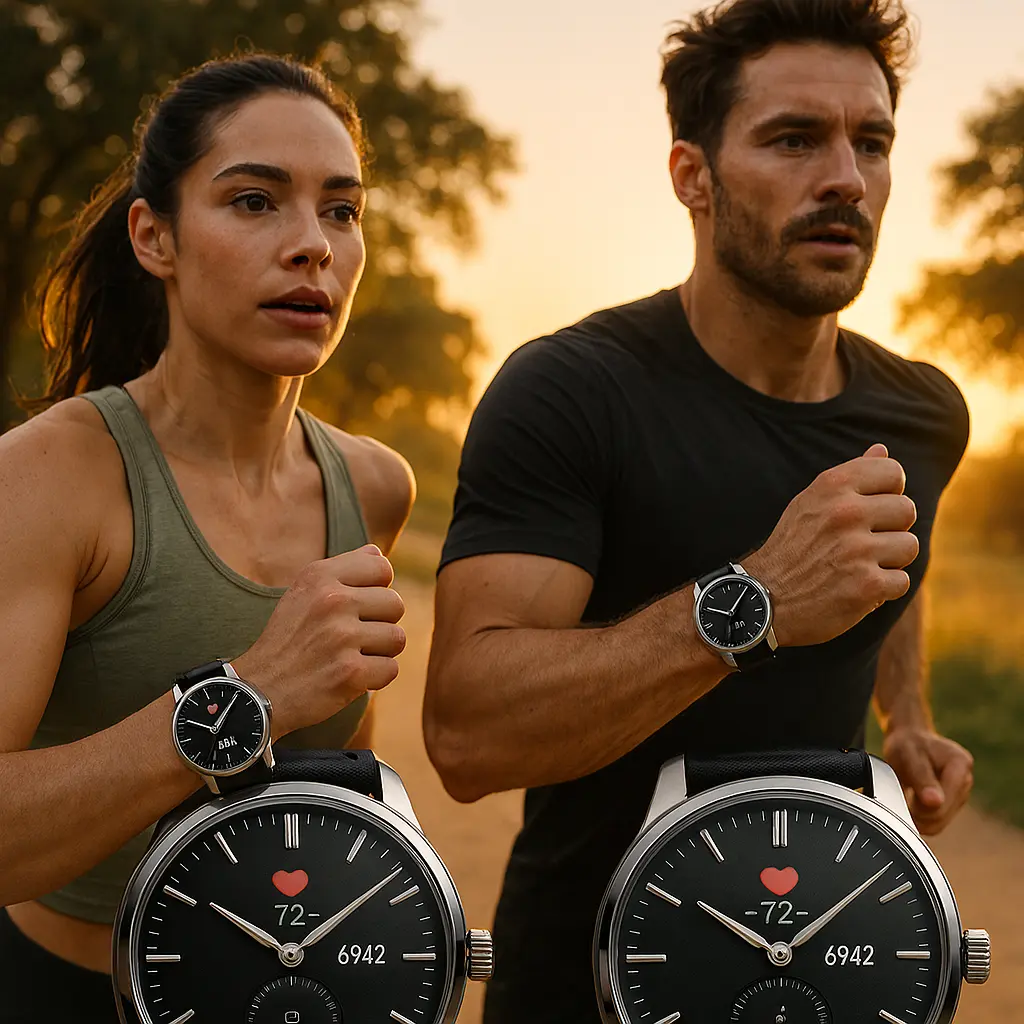 Athletes wearing a hybrid smartwatch fitness tracker during a morning run with health monitoring features