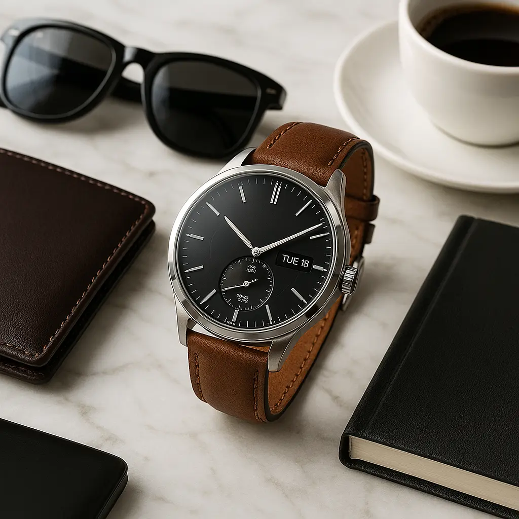 Designer hybrid smartwatch with premium leather strap displayed in a luxury lifestyle workspace setting