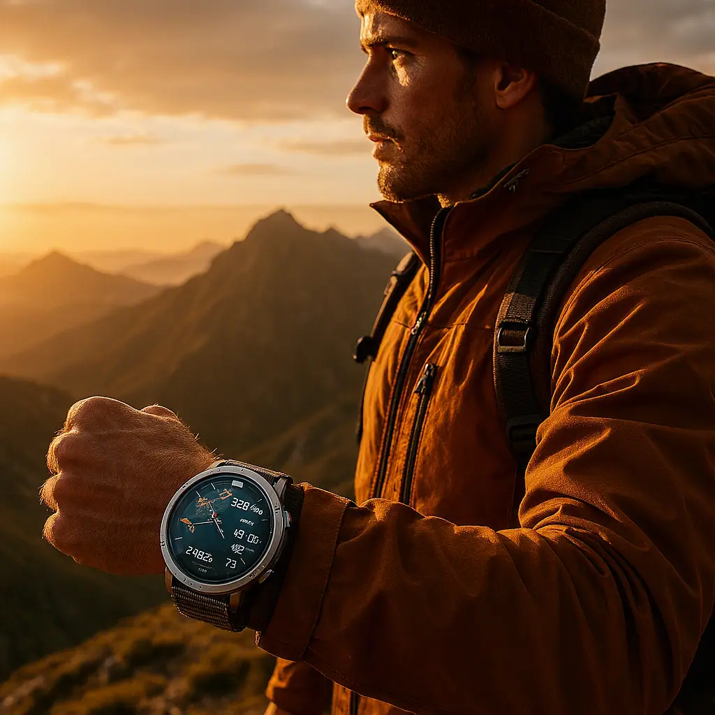 Premium luxury smartwatch with titanium design used during an outdoor adventure