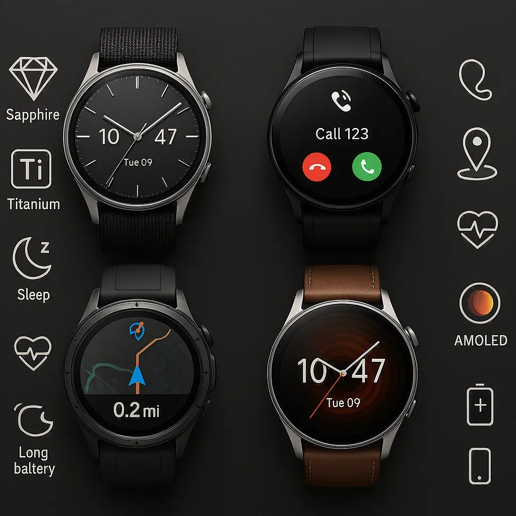 Comparison of premium smartwatch features including health tracking, GPS, Bluetooth, and battery life
