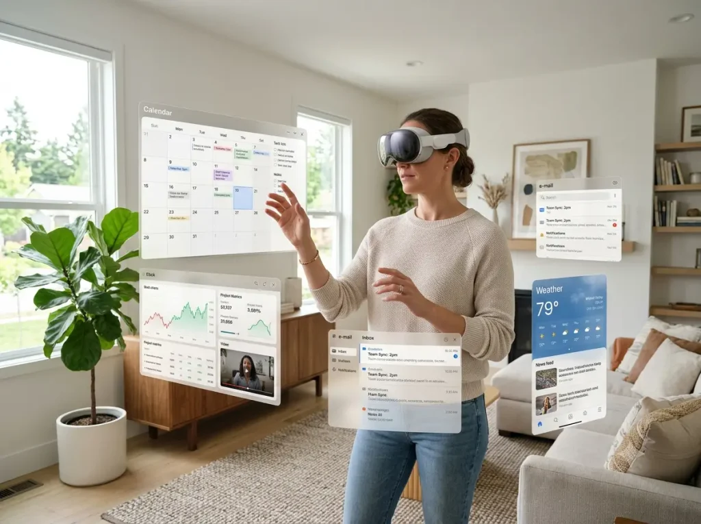 Mixed-reality headset displaying virtual screens in a living room